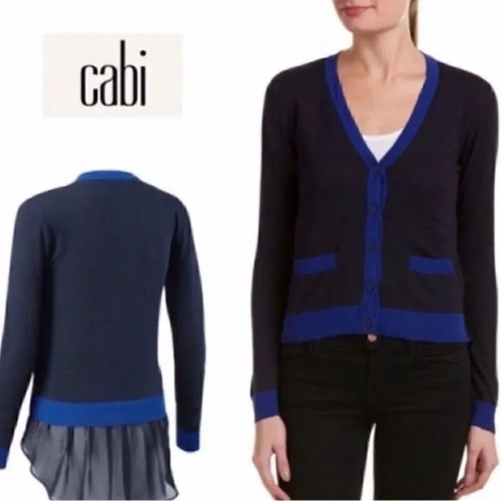 Cabi Michelle V-Neck Cardigan Sweater Chiffon Ruffle